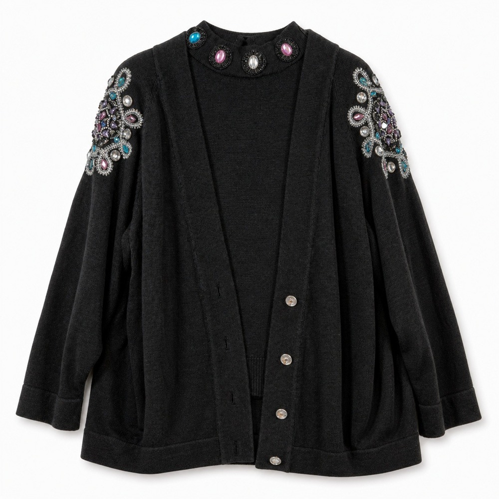 Vintage 80s 2 Pc Cardigan Sweater Set Black XL Beaded Embellished Bling PartyGem